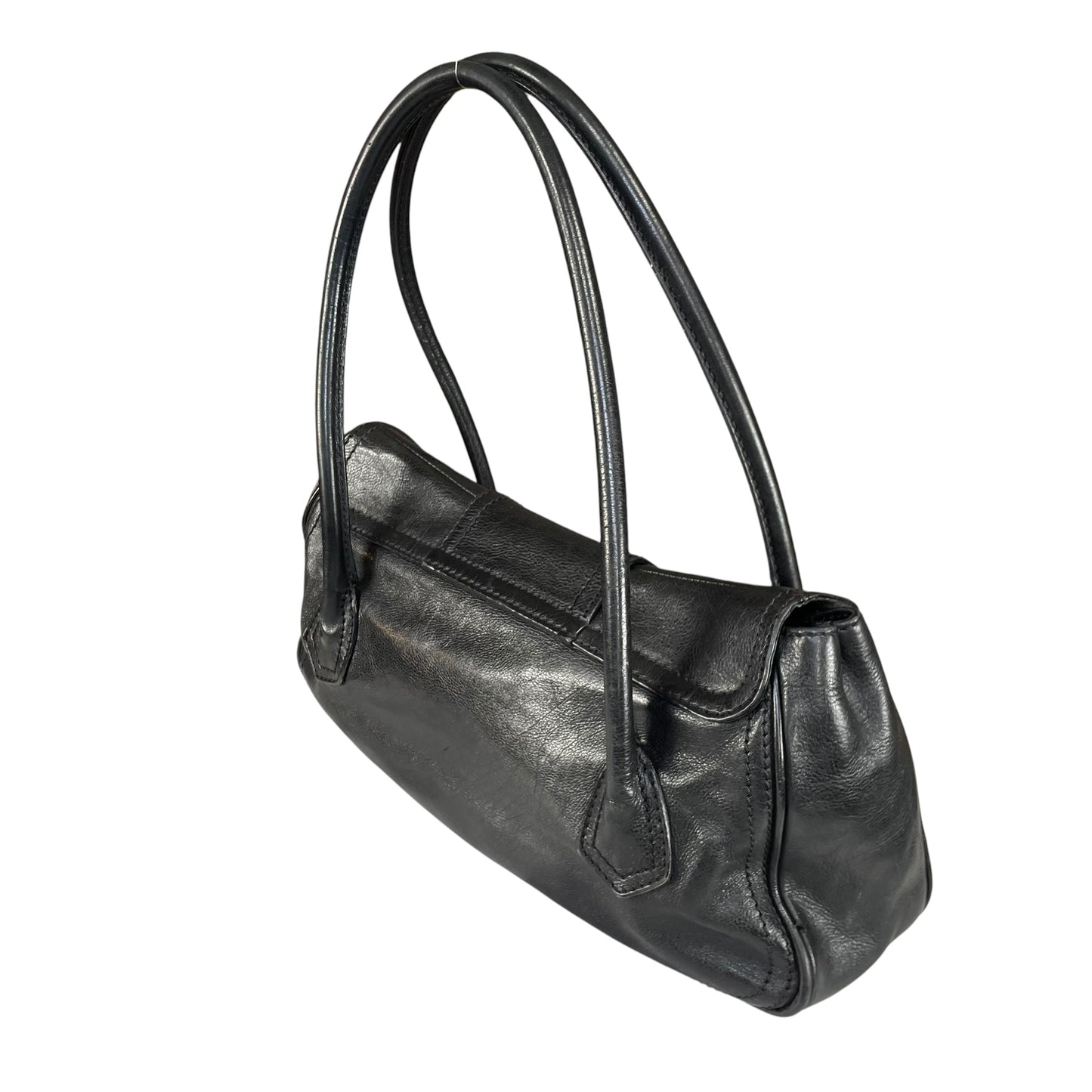 Celine Buckle Front Shoulder Black Leather Brushed Brass