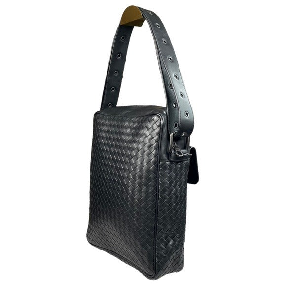 Bottega Veneta Black Woven Leather Flap Slim Large Crossbody Shoulder Purse Bag