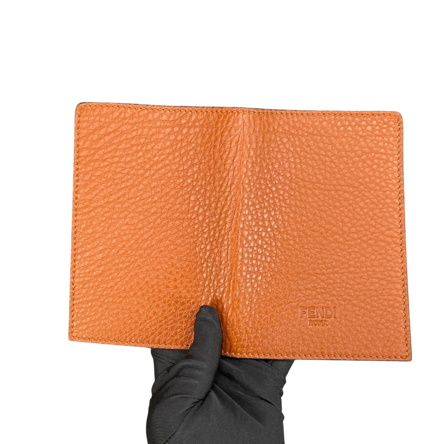 Fendi Roma Passport Cover Pebbled Leather Tan Brown Bifold Made In Italy Travel Case