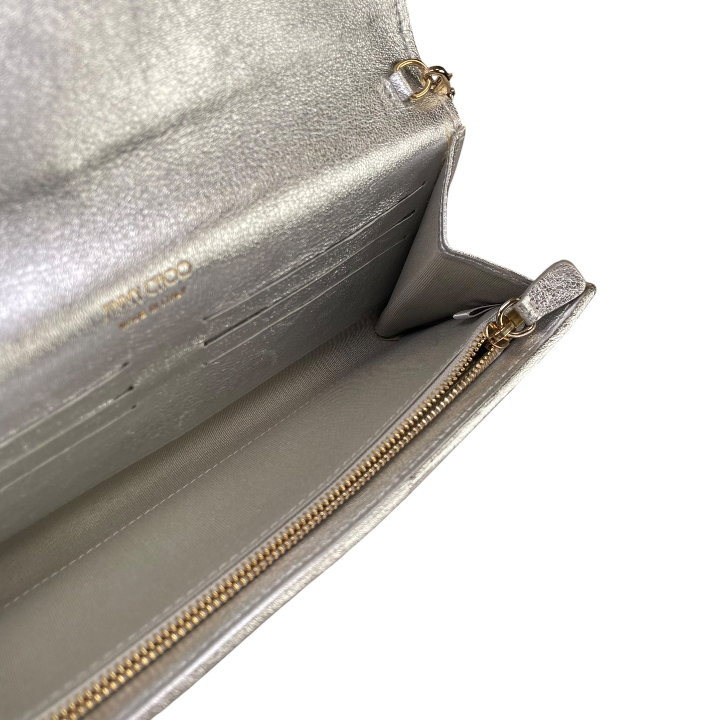 Jimmy Choo Margot Metallic Glitter Silver Leather GHW Chain Clutch
