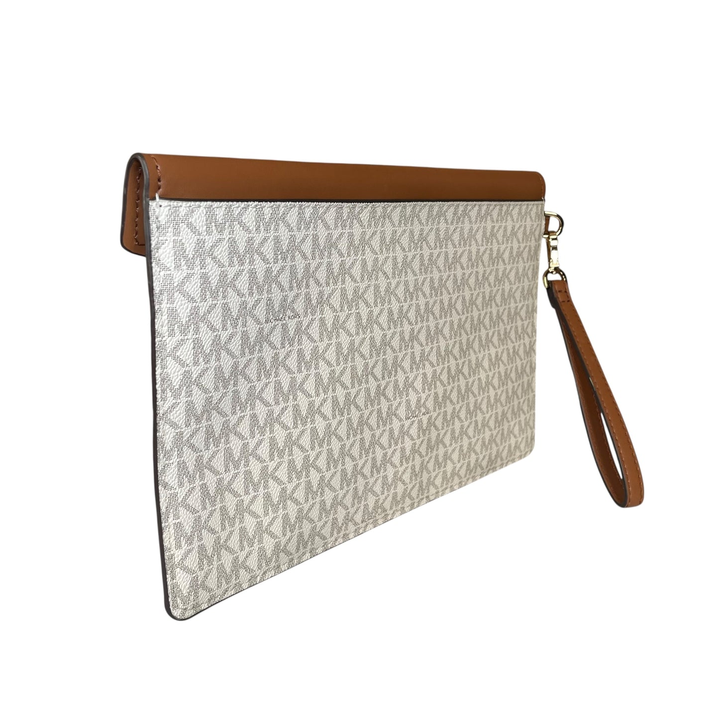 Michael Kors Maisie Leather Brown White Canvas GHW XL Envelope Clutch Wristlet