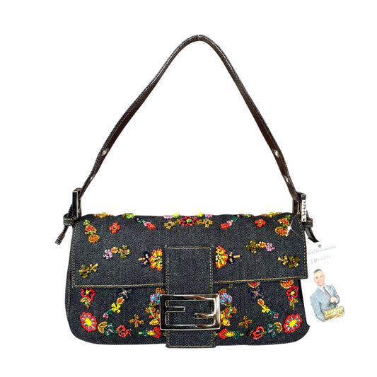 Fendi Y2K Denim Classic Floral Beaded Baguette Shoulder Purse