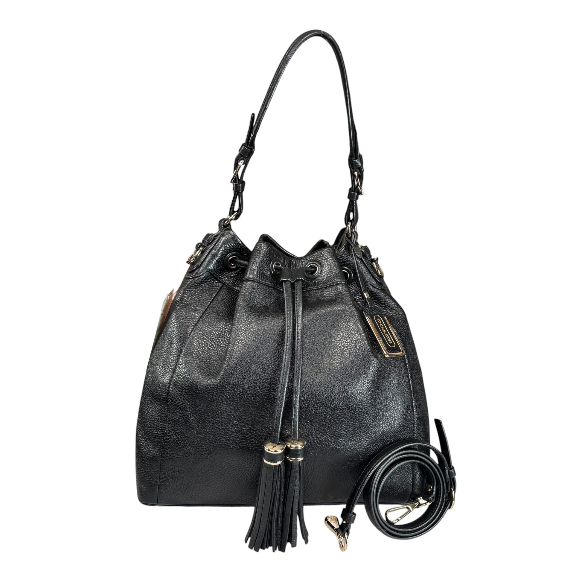 Coach Pinnacle Black Leather GHW Drawstring Bucket 2-Way Crossbody Pur Elliott's Luxury Coach Pinnacle Black Leather GHW Drawstring Bucket 2-Way Crossbody Pur Elliott's Luxury