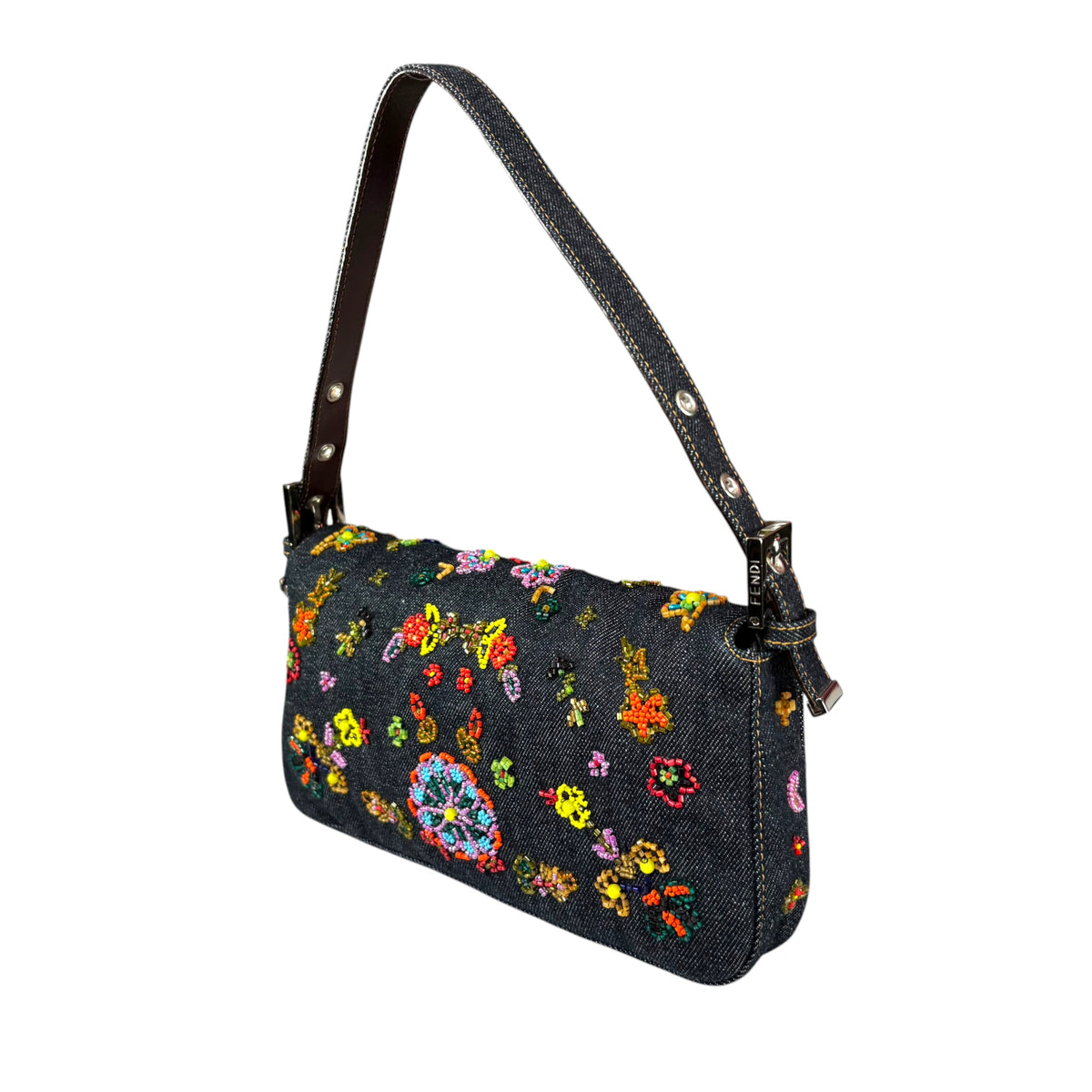 Fendi Y2K Denim Classic Floral Beaded Baguette Shoulder Purse