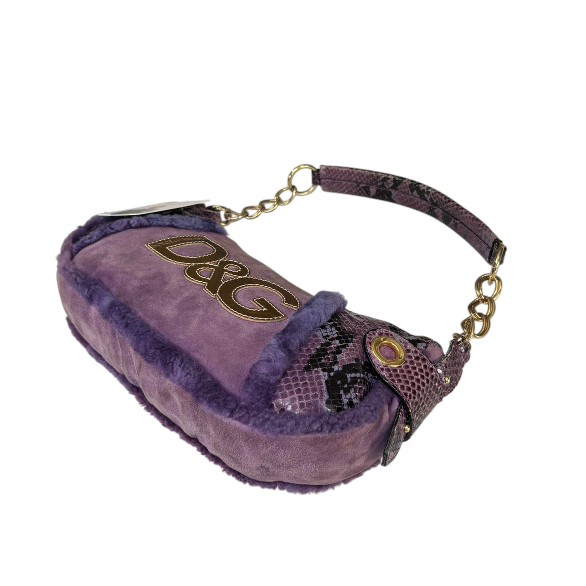 Dolce & Gabbana Y2K Purple Shearling Python Embossed Shoulder Purse