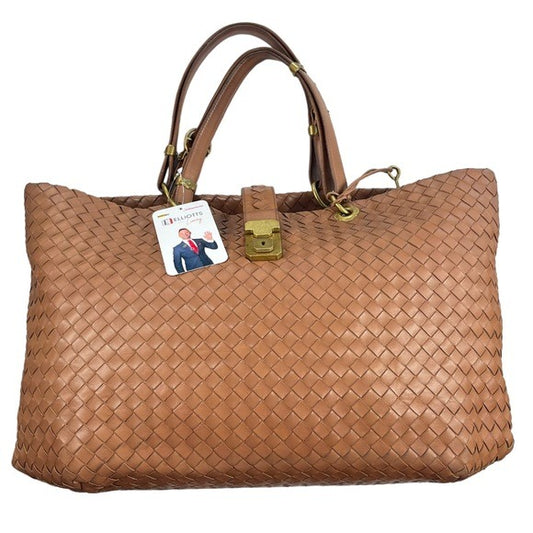 Bottega Veneta XL Leather Brown Carmel Brushed Brass Hardware Tote Shoulder Bag