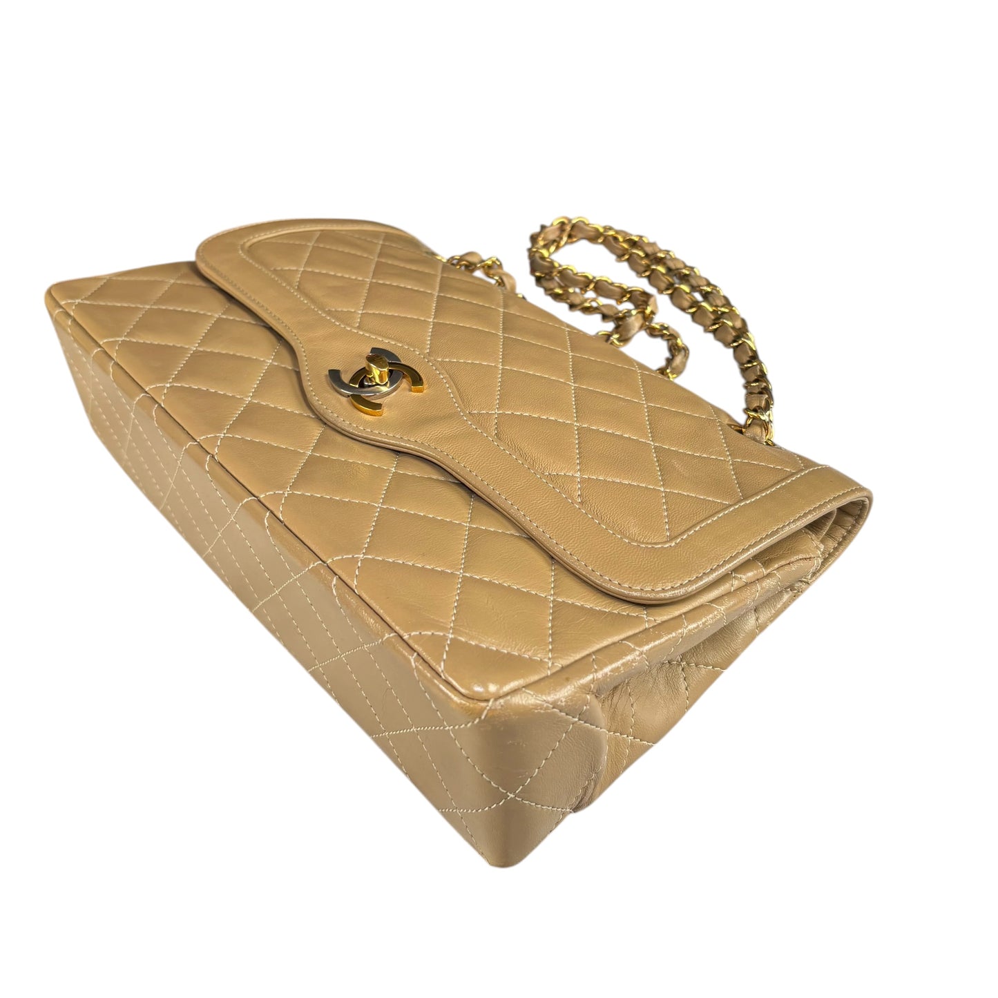 Chanel Paris Limited Beige Double Flap Quilted Lambskin Shoulder Purse
