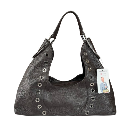 Furla Brown Pebbled Leather Hobo Bag SHW Double Sided Eyelet Deep D Shoulder Bag