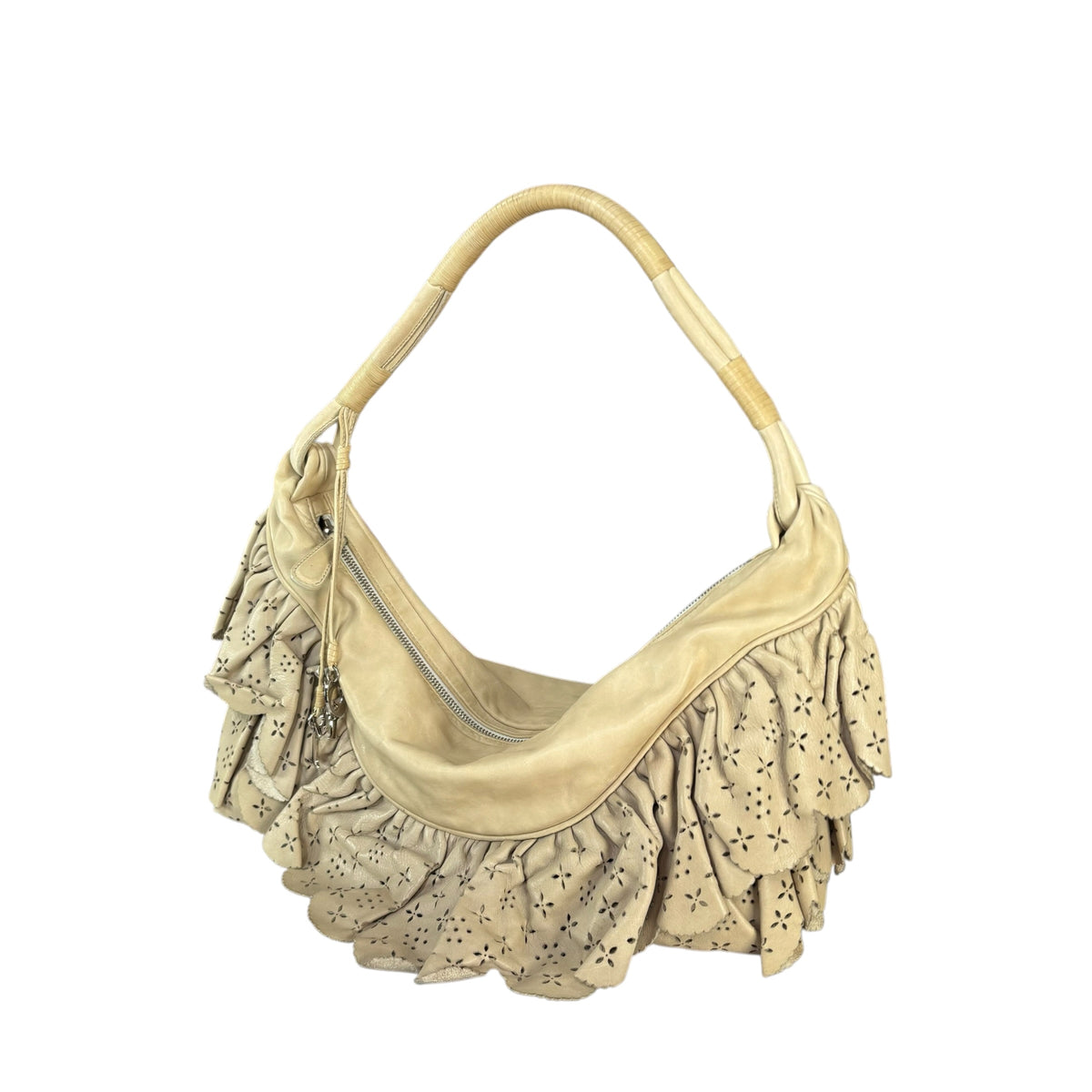 Christian Dior Bone Gypsy Ruffled Leather Perforated Hobo Bag