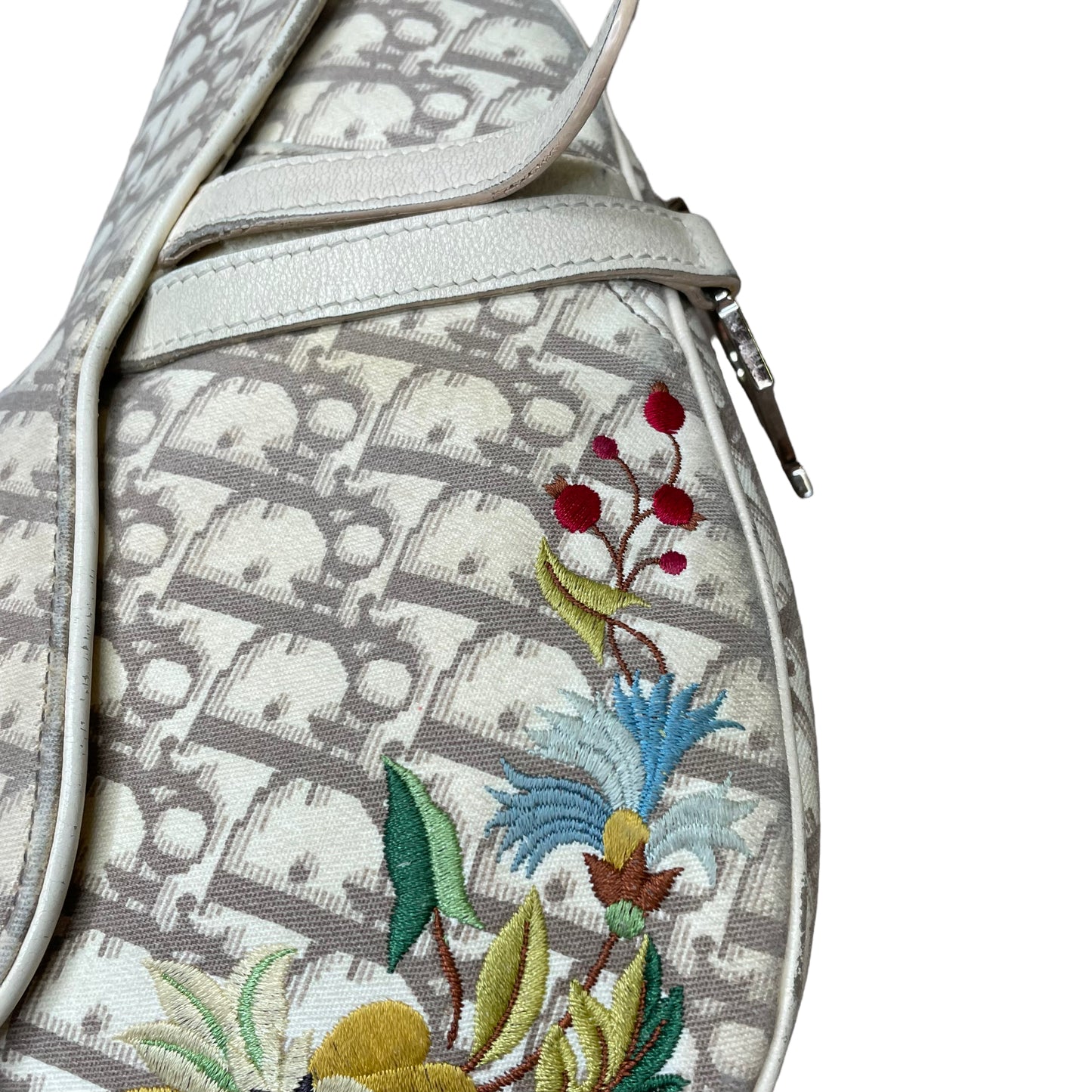 Christian Dior Saddle Oblique Bag Floral Embroidered Ivory Canvas Silver Hardware Purse