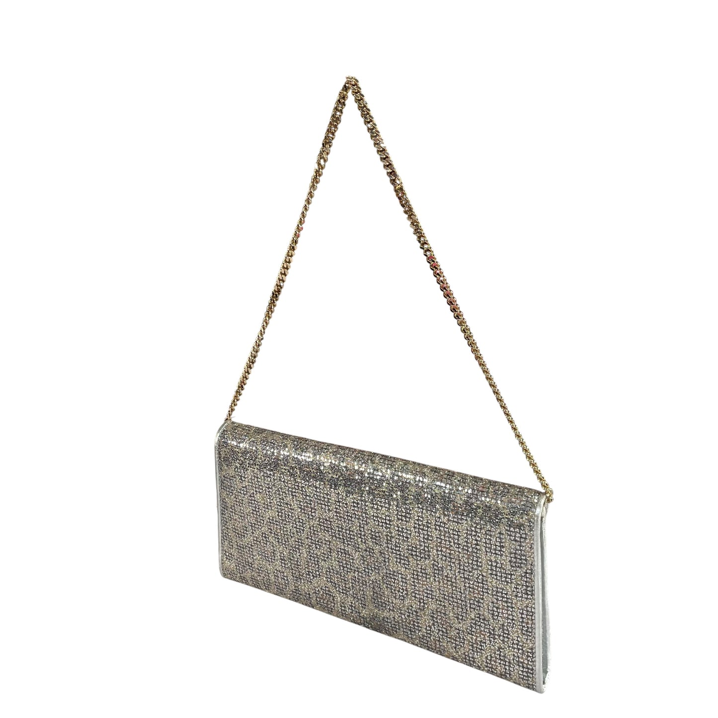 Jimmy Choo Margot Metallic Glitter Silver Leather GHW Chain Clutch