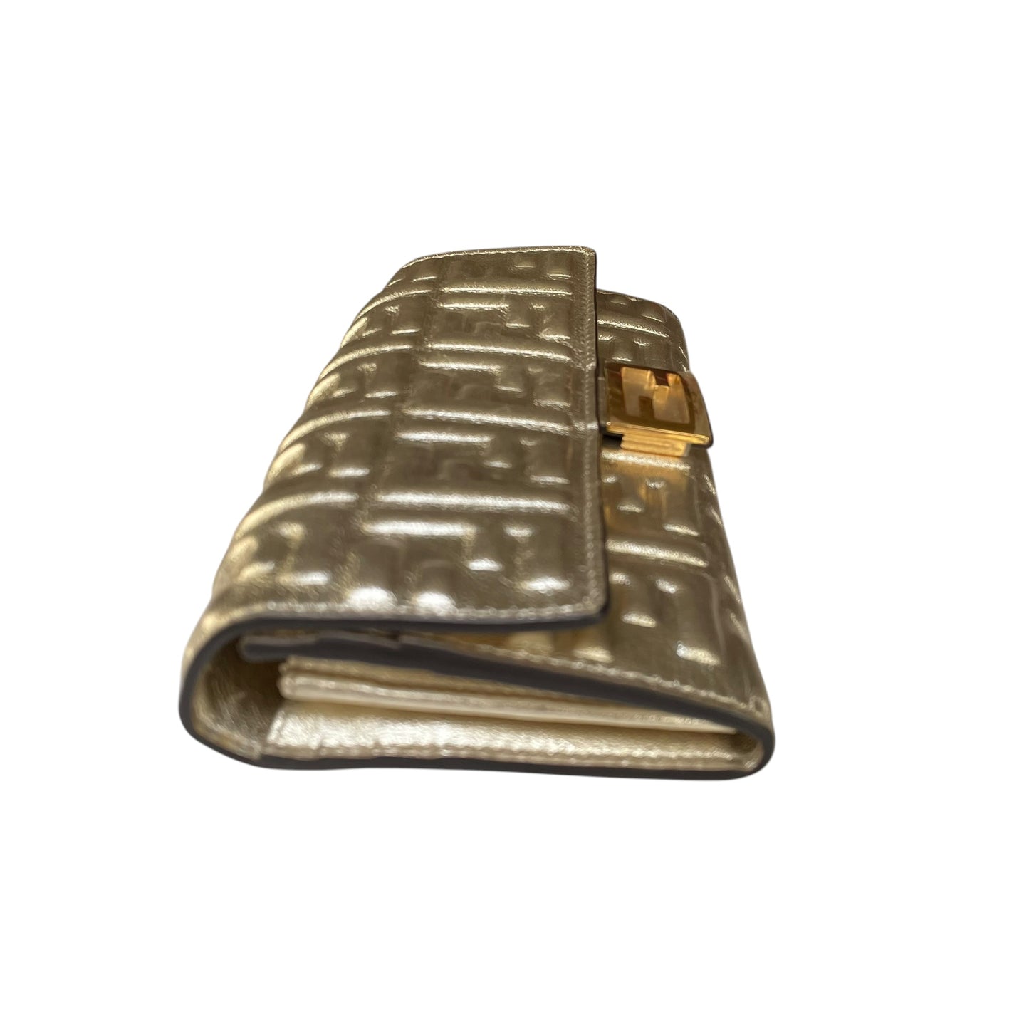 Fendi Zucca Baguette Leather Metallic Gold Silver Continental Long Wallet