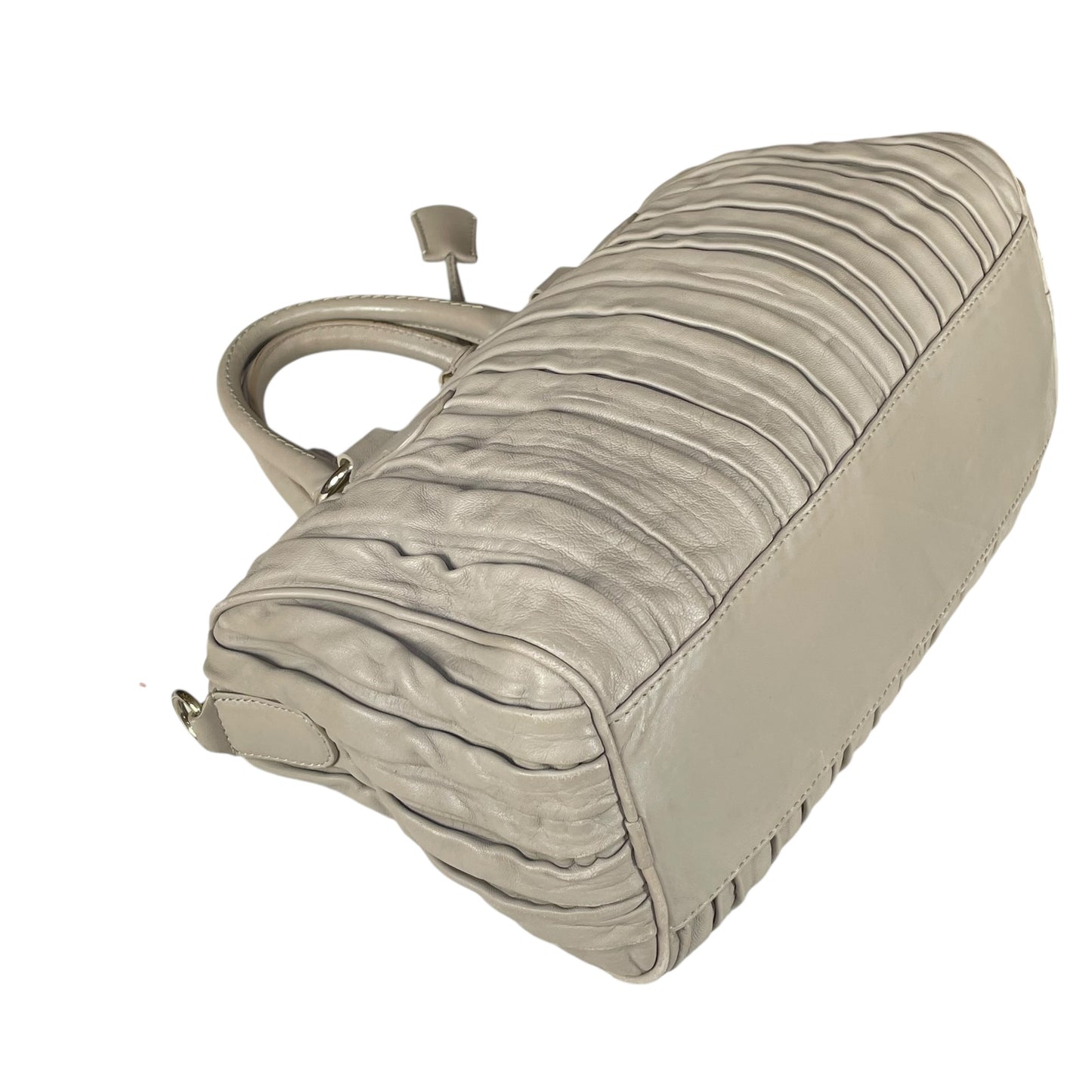 Emporio Armani Pleated GHW Leather Satchel Taupe Lock Key Crossbody Boston Bag