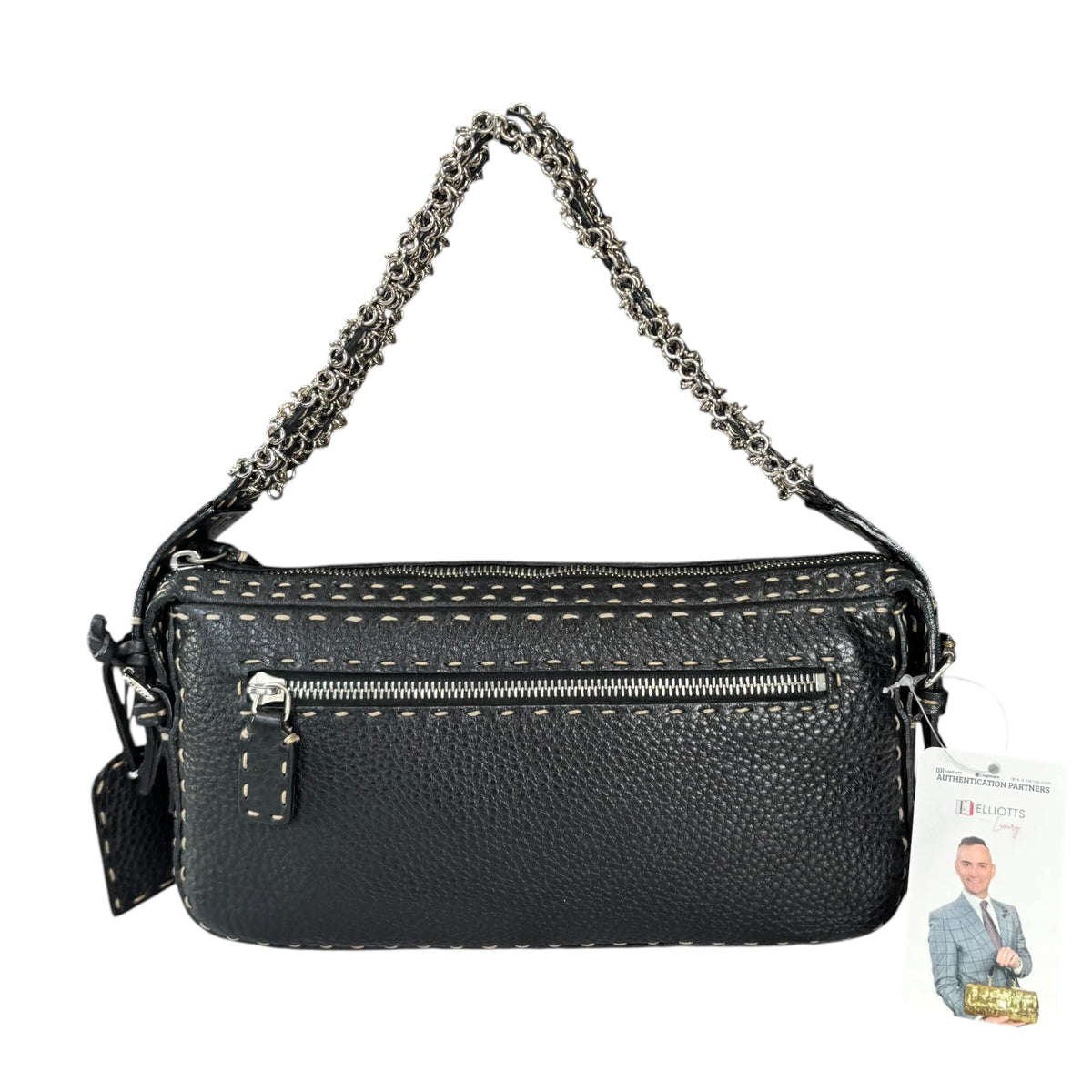 Fendi Selleria Baguette Black Leather Sterling Mesh Chain Purse
