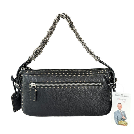Fendi Selleria Baguette Black Leather Sterling Mesh Chain Purse