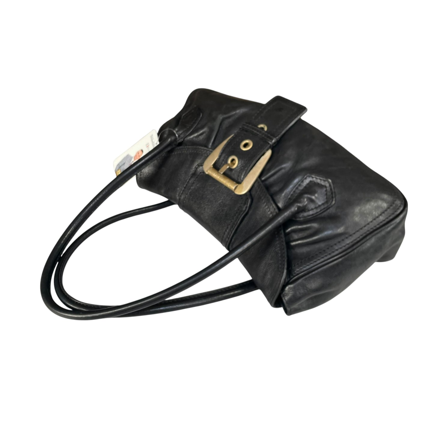 Celine Buckle Front Shoulder Black Leather Brushed Brass
