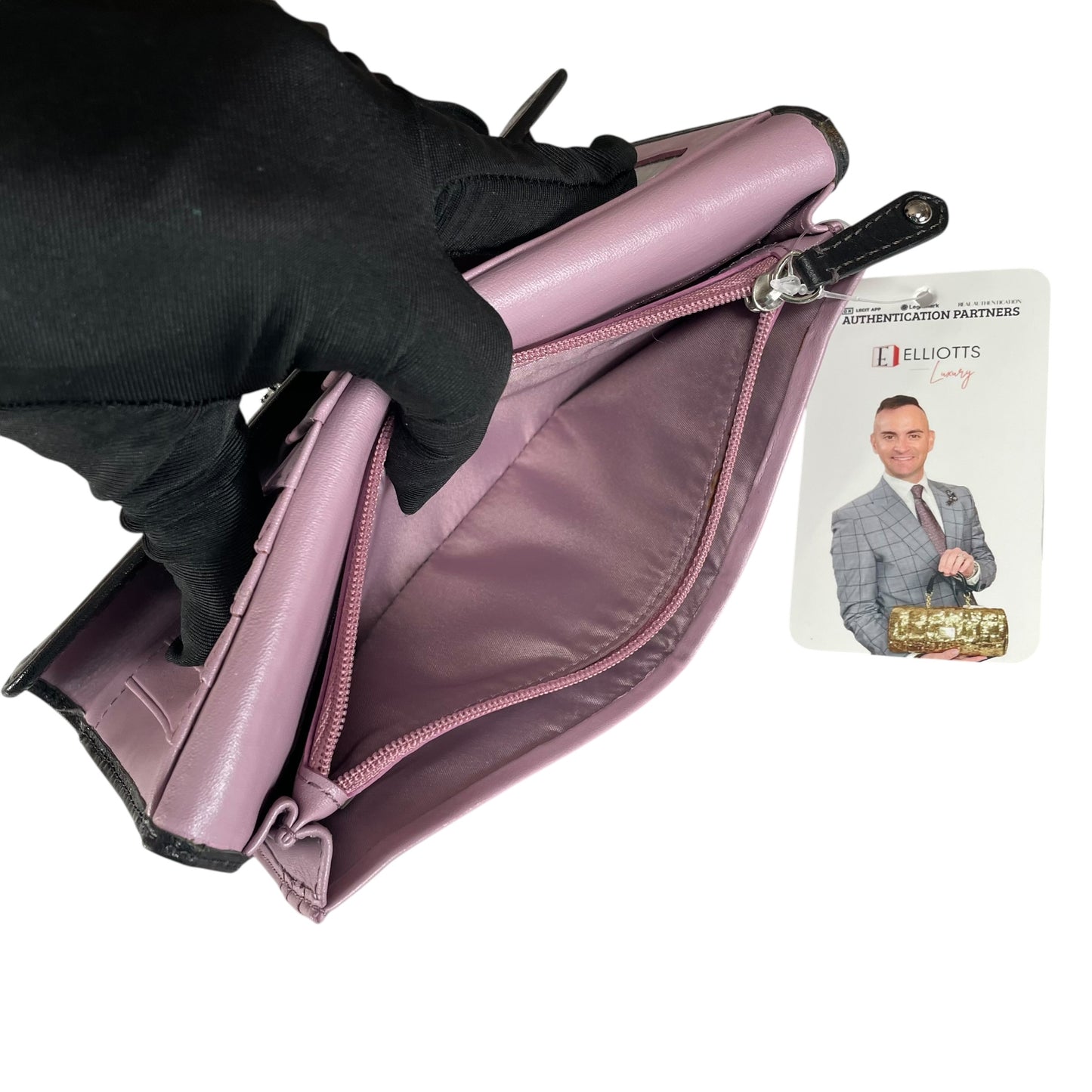 Coach Madison Carriage Logo Black Leather Trifold Long Wallet Lilac Interior SHW