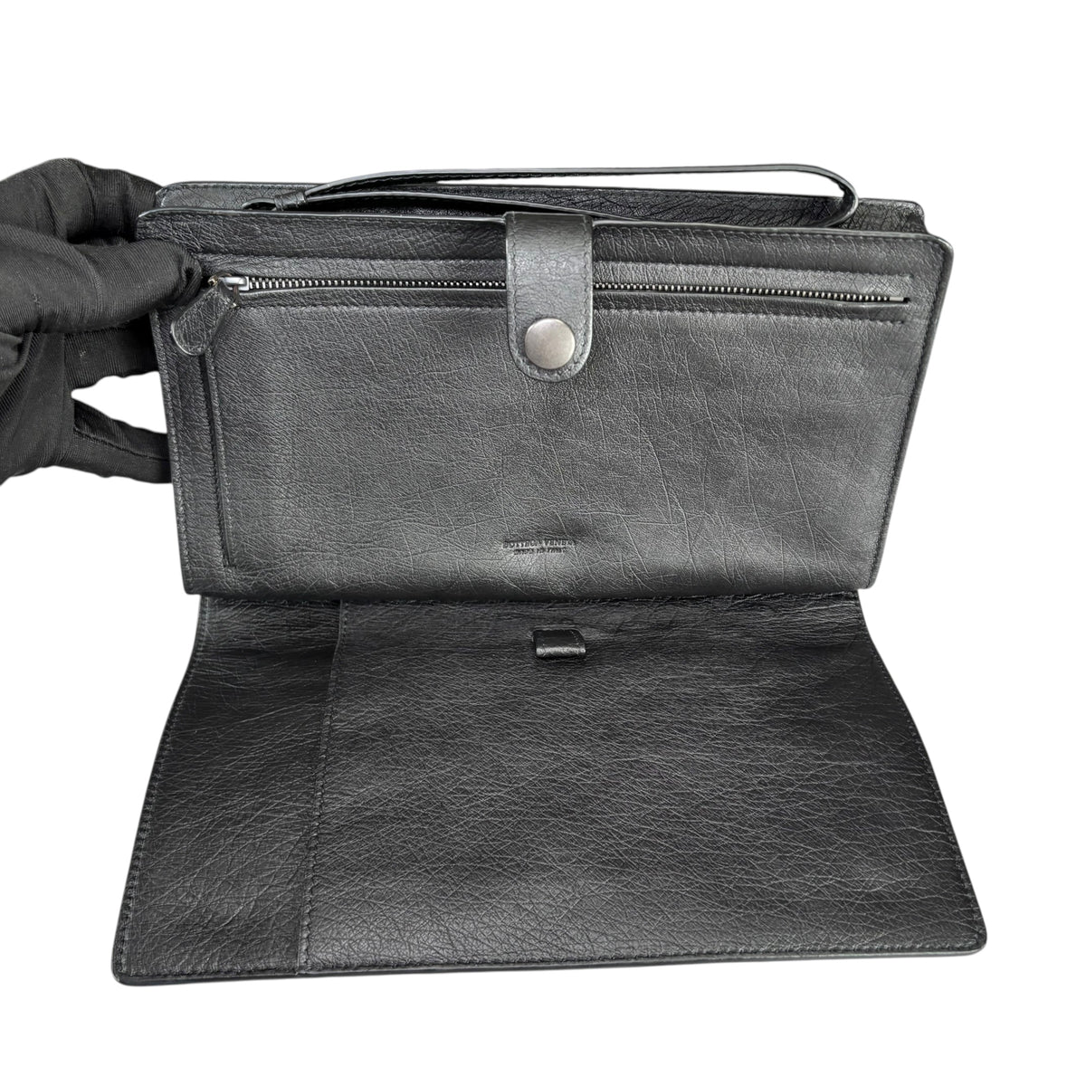 Bottega Veneta Ostrich Black Leather Organizer Snap Clutch Zip