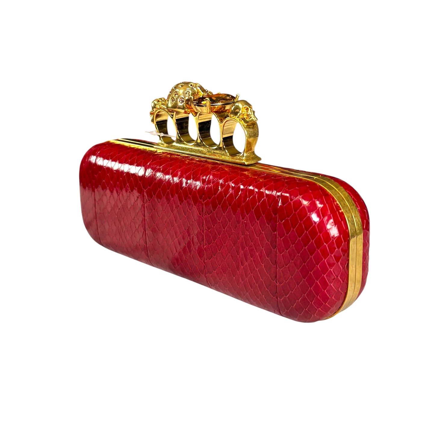 Alexander McQueen Ruby Red Embossed Leather Knuckle Clutch – Gold Rhinestone Skull Hardware
