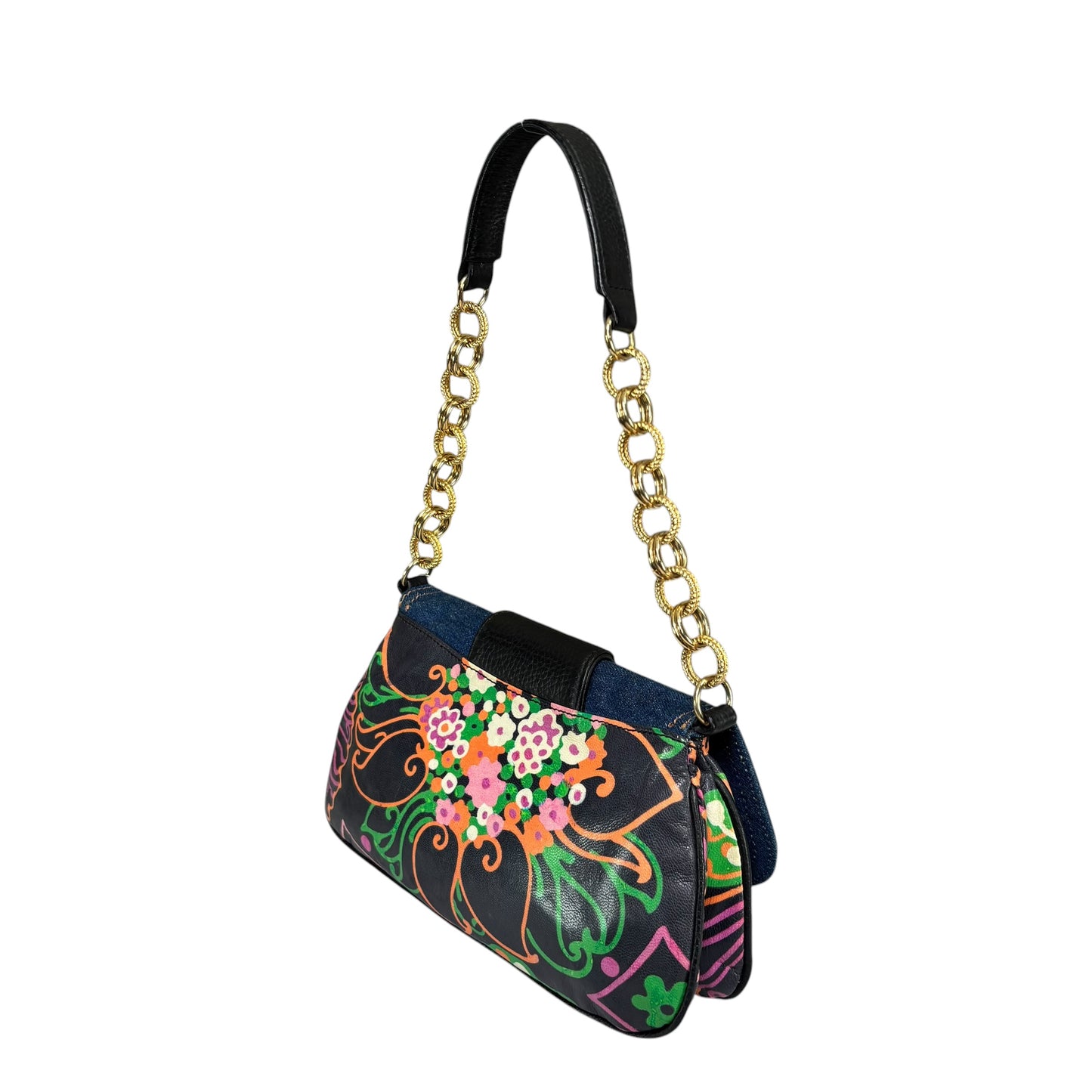 Dolce & Gabbana D & G Y2K Denim Buckle Baguette Floral Limited Leather Chain Purse