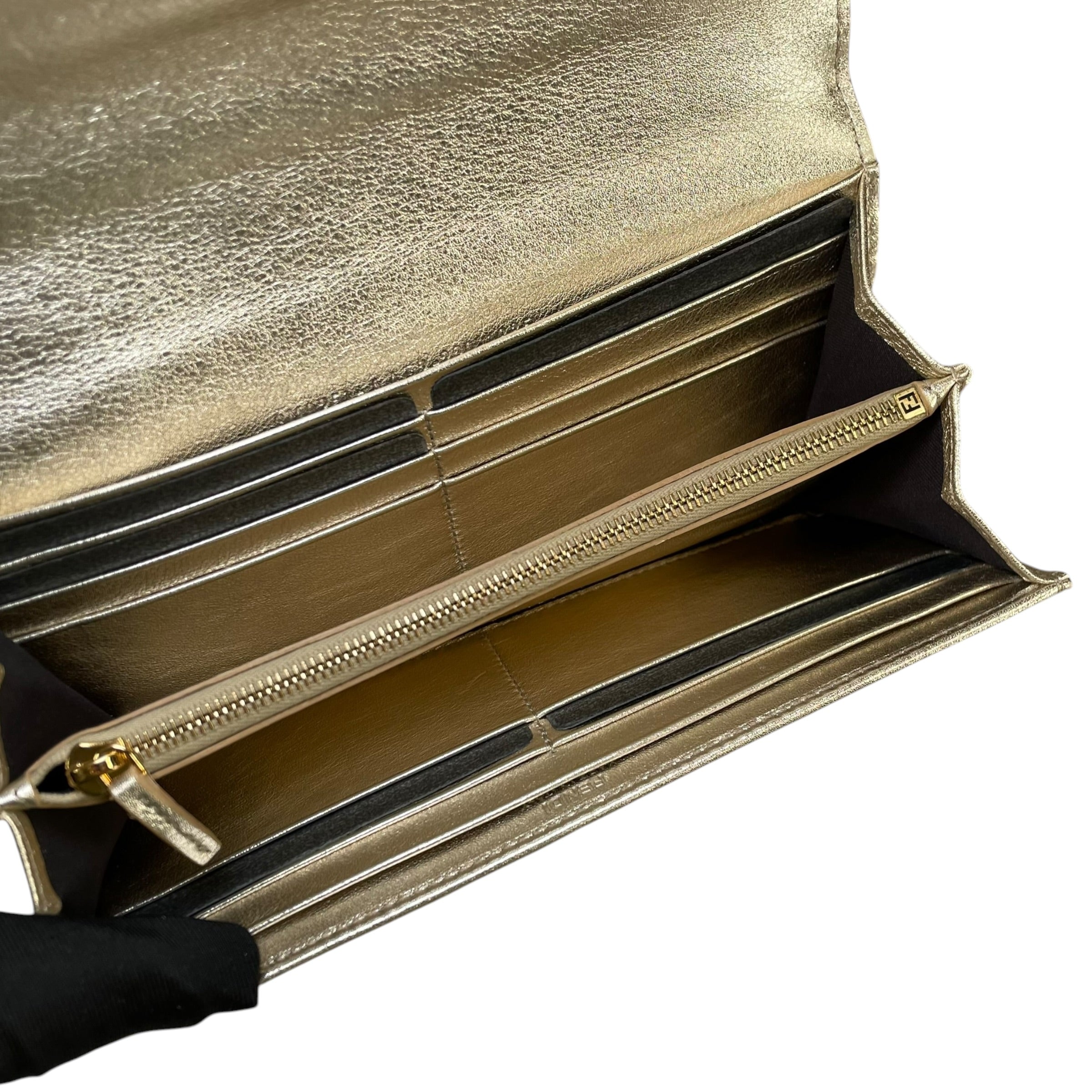 Fendi Zucca Baguette Leather Metallic Gold Silver Continental Long