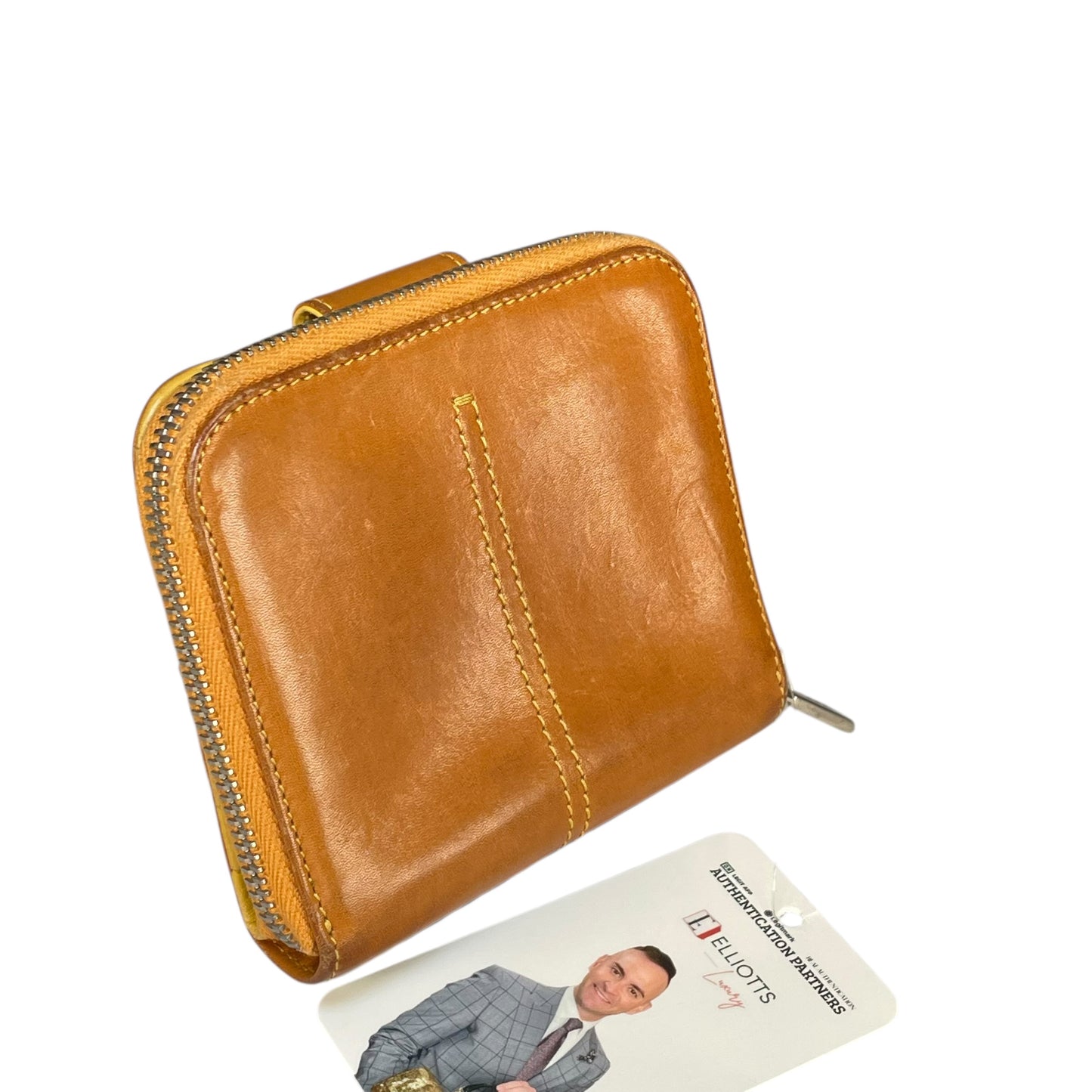 TOD’s Italian Leather Brown / Yellow SHW Snap Tab Zip Around Compact Wallet