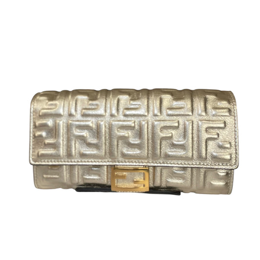 Fendi Zucca Baguette Leather Metallic Gold Silver Continental Long Wallet