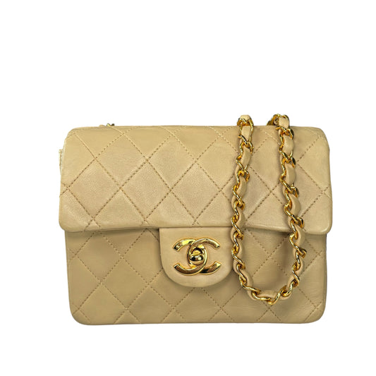 Chanel CC Classic Mini Square Beige Lambskin GHW Shoulder Purse