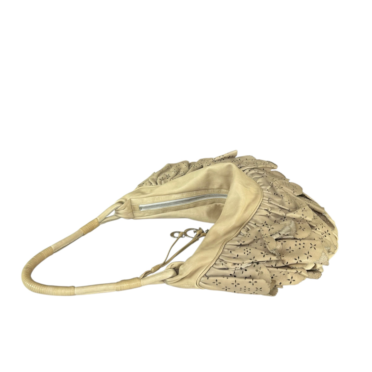 Christian Dior Bone Gypsy Ruffled Leather Perforated Hobo Bag