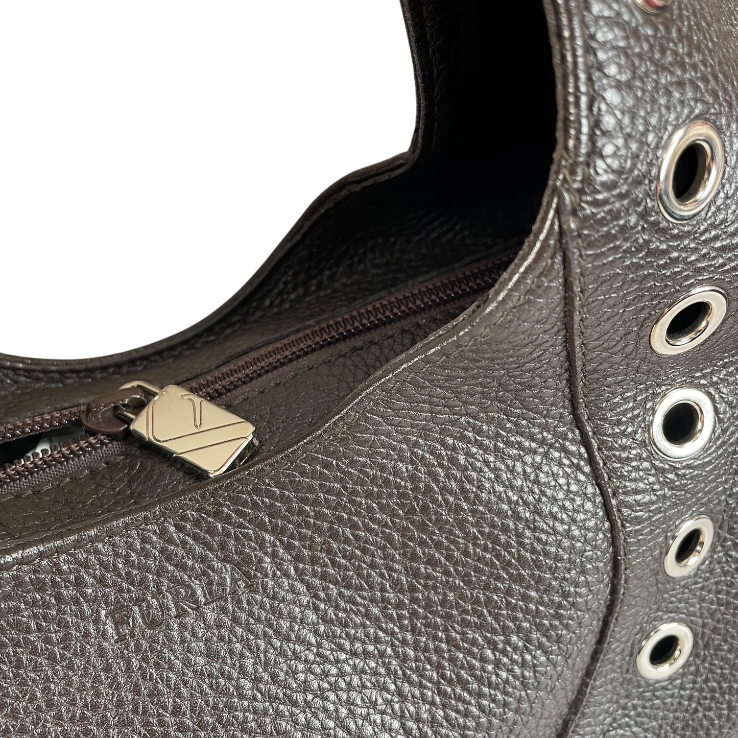 Furla Brown Pebbled Leather Hobo Bag SHW Double Sided Eyelet Deep D Shoulder Bag