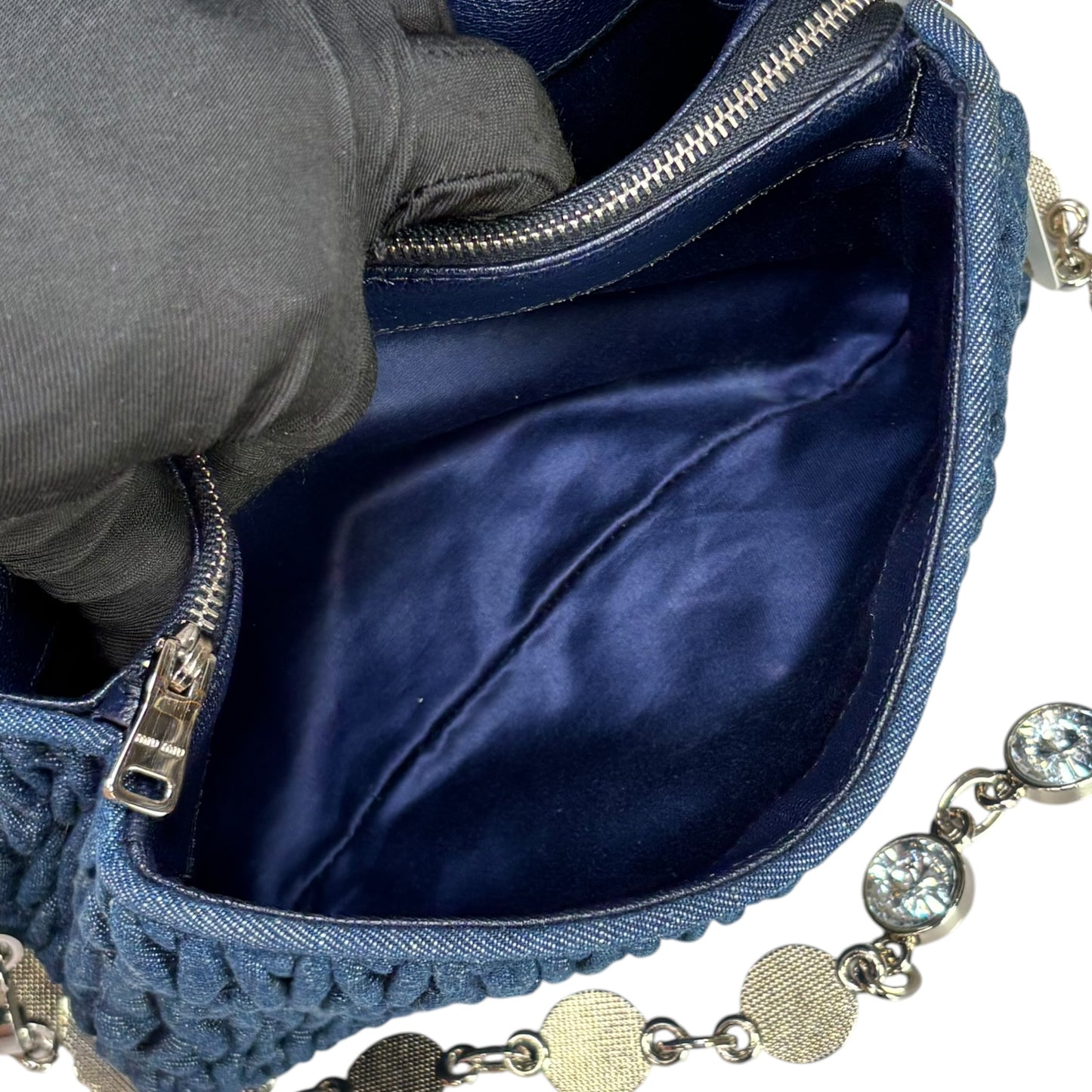 Miu Miu Crystal SHW Encrusted Denim 2-Way Crossbody Flap Turn-Lock Purse