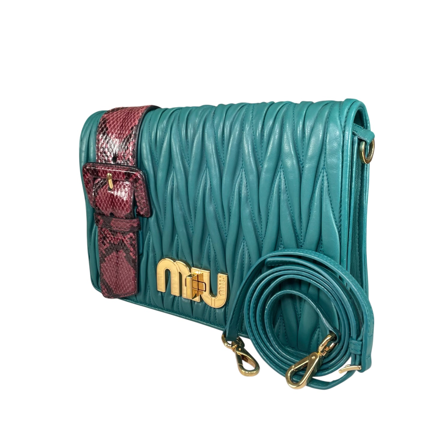 Miu Miu Delice Teal Matelasse Python Embossed Nappa Leather GHW Crossbody Flap Purse