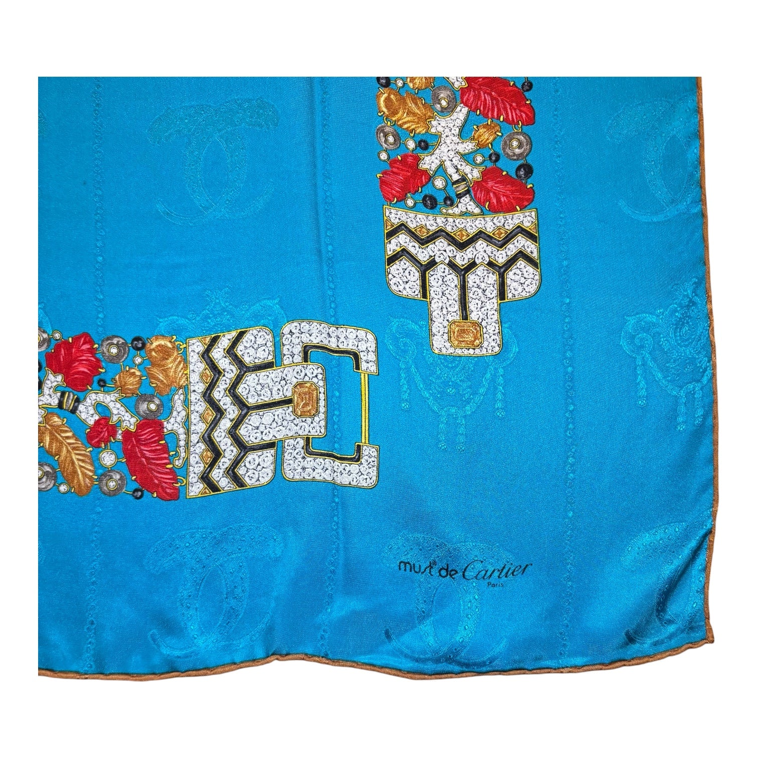 【テル】Cartier ストール Cartier Must de Cartier 34” x 34” Jewel Necklace Motif Blue Coral