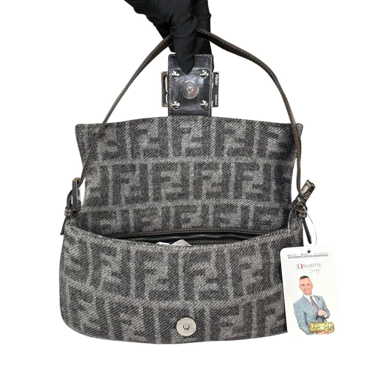 Fendi Y2K Classic Baguette Zucca Cashmere Grey & Black Shoulder Purse