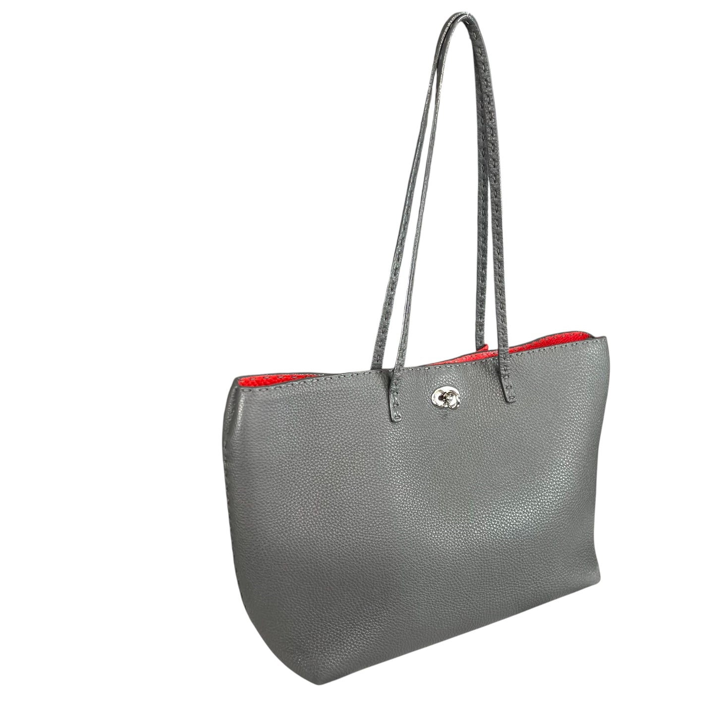 Fendi Selleria Grey / Red Sterling Silver  Pebbled Leather Lock Medium Tote