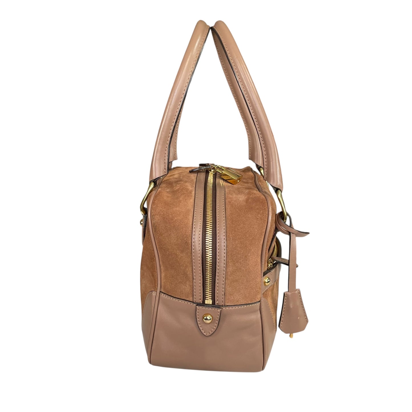 J&M Davidson Mia Equestrian Satchel Suede Leather Brown Lock Key Boston Bag