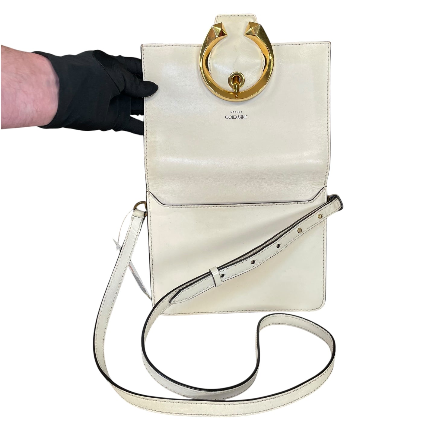 Jimmy Choo Madeline Crossbody Bag Ivory Leather GHW Buckle Flap 2-Way