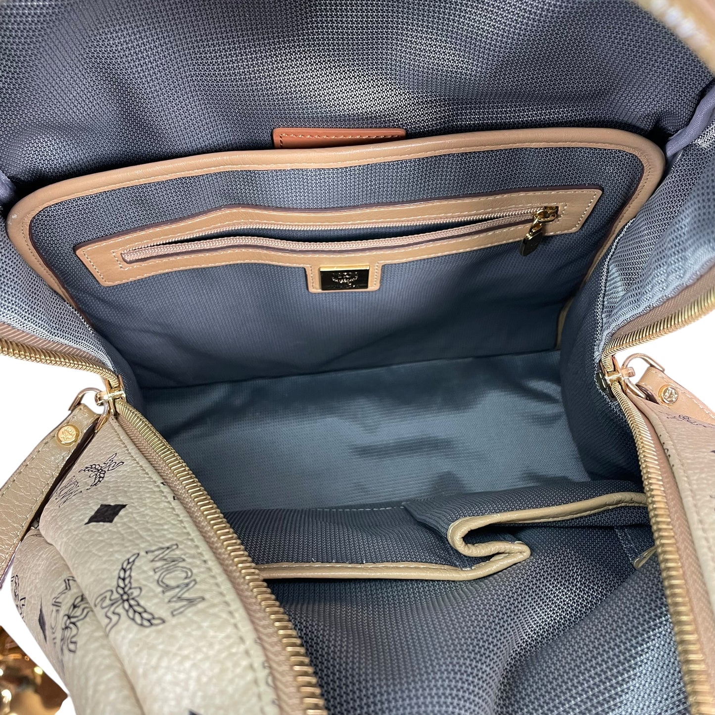 MCM Viestos GHW Studded Creme Pebbled Canvas 15" Laptop Bag Backpack