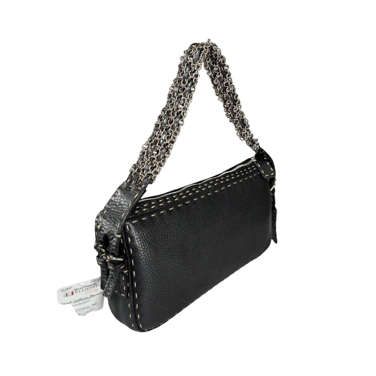 Fendi Selleria Baguette Black Leather Sterling Mesh Chain Purse