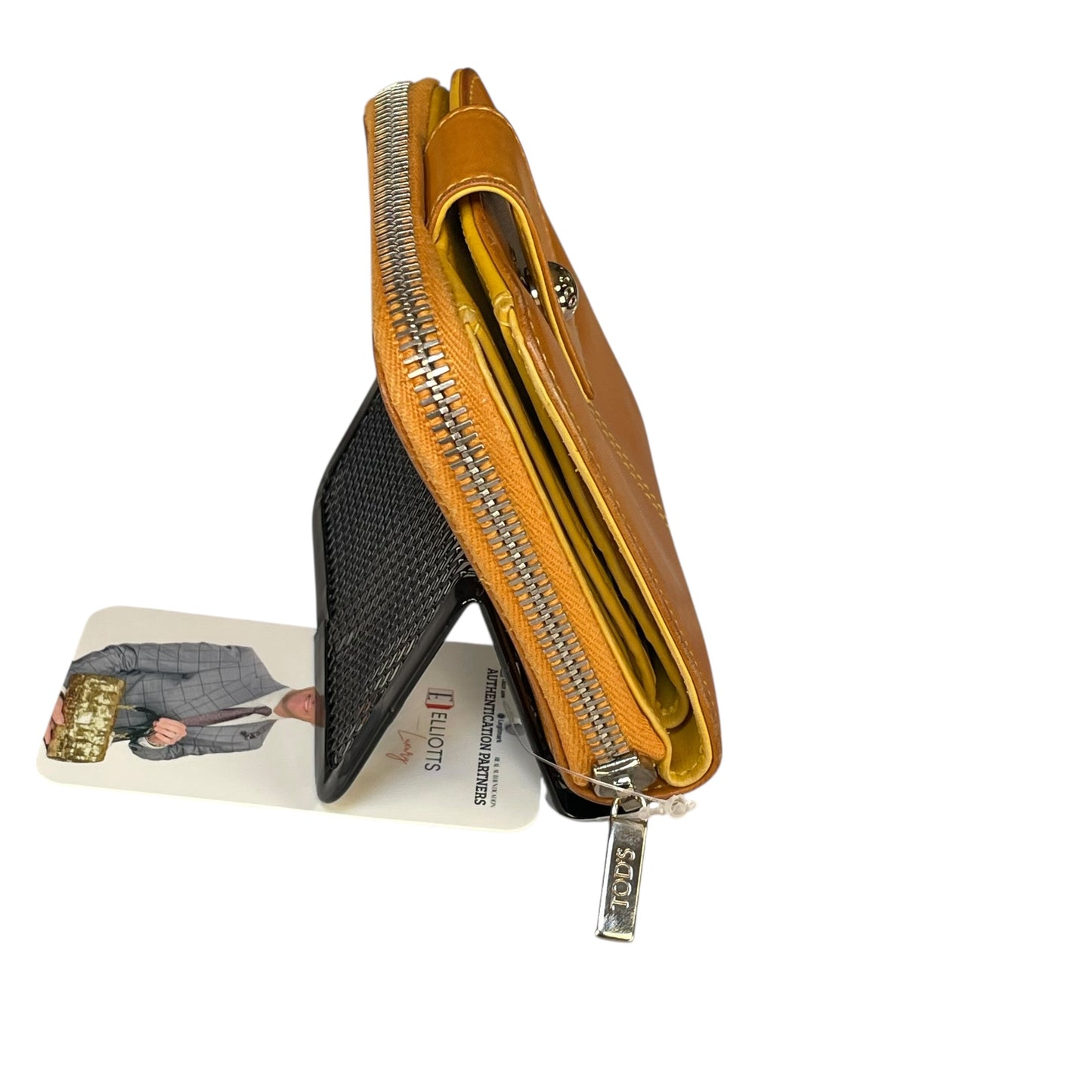 TOD’s Italian Leather Brown / Yellow SHW Snap Tab Zip Around Compact Wallet