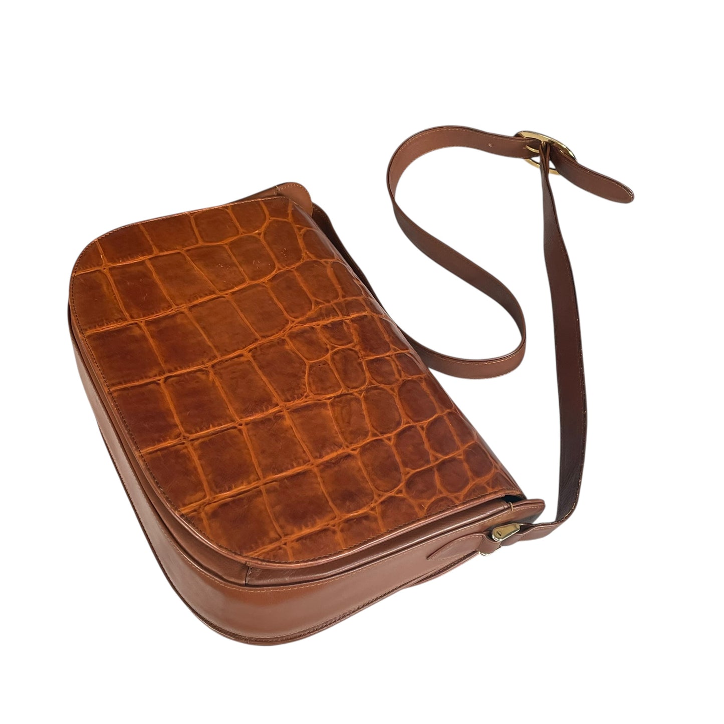 Roberta Di Camerino Croc Embossed Brown Leather GHW Shoulder Flap Purse