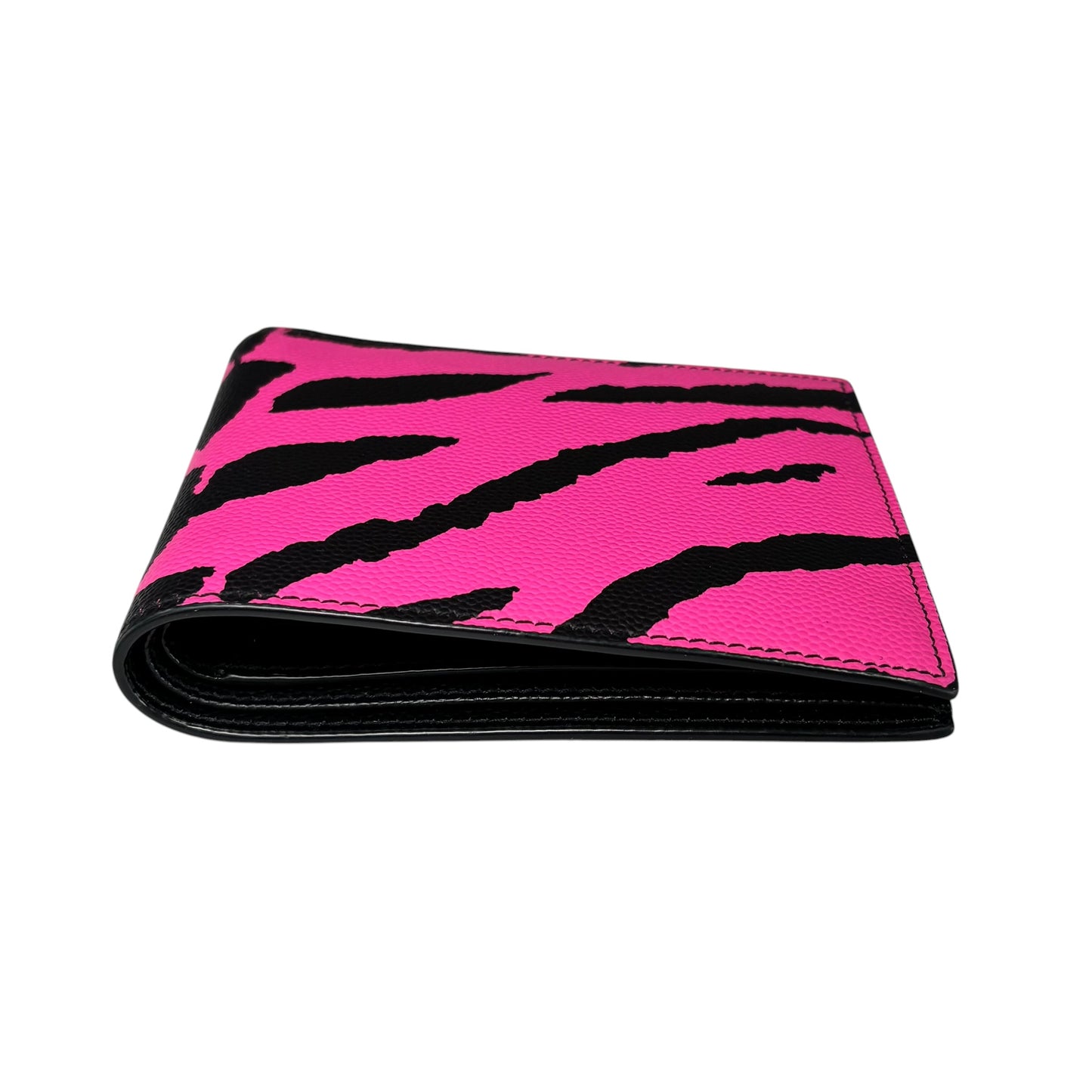 YSL Saint Laurent Mens Pink / Black Tiger Print Caviar Leather Bi-Fold Wallet