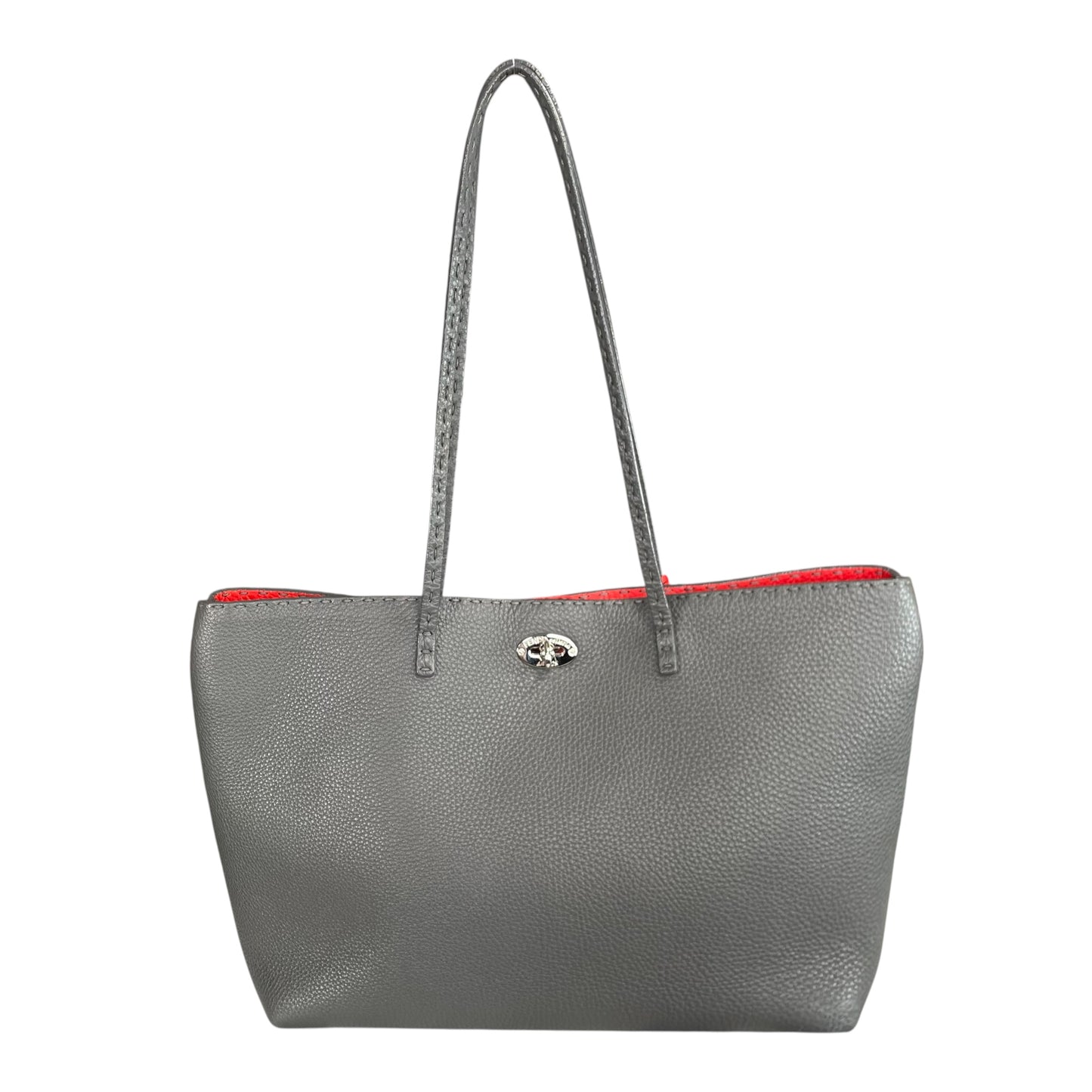 Fendi Selleria Grey / Red Sterling Silver  Pebbled Leather Lock Medium Tote