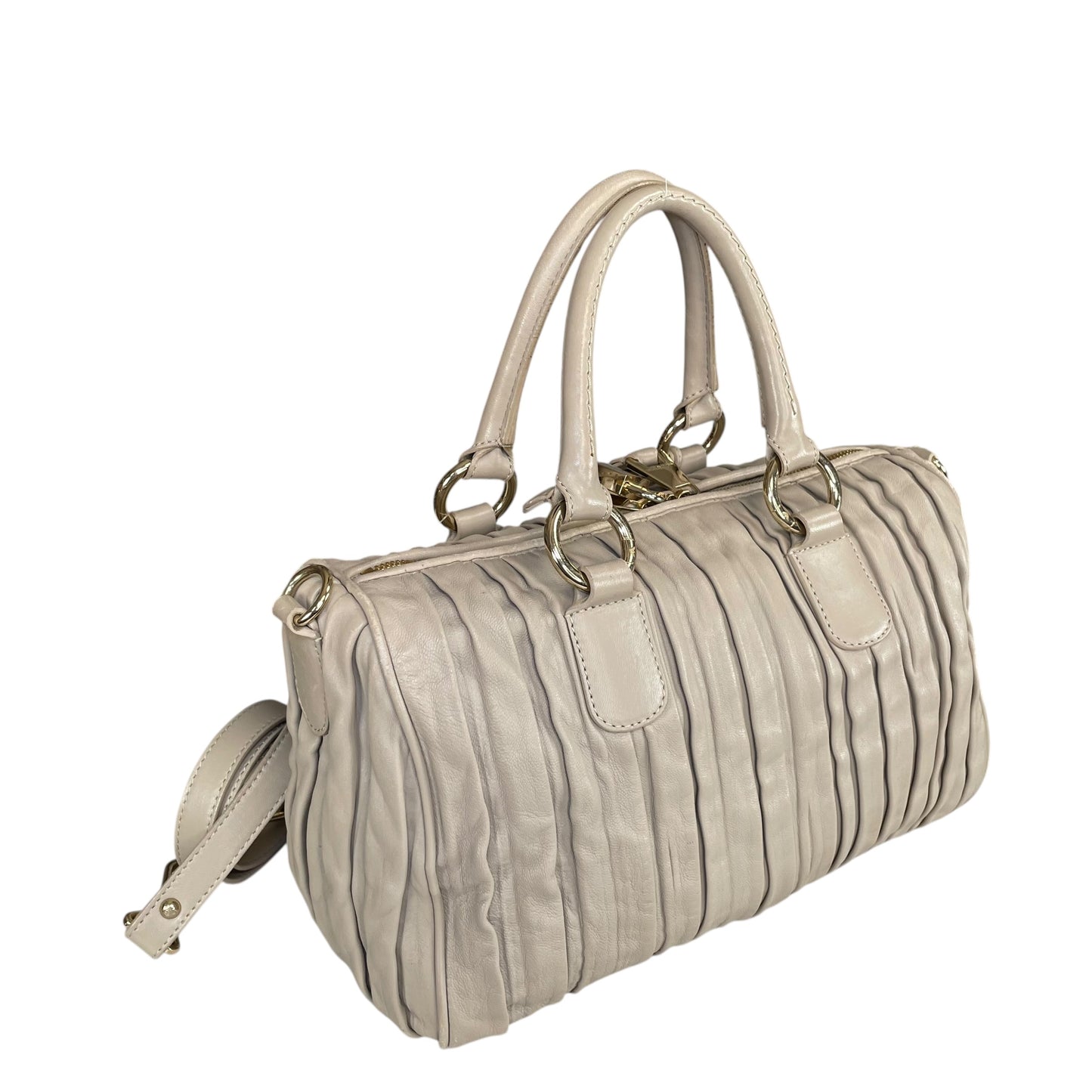 Emporio Armani Pleated GHW Leather Satchel Taupe Lock Key Crossbody Boston Bag