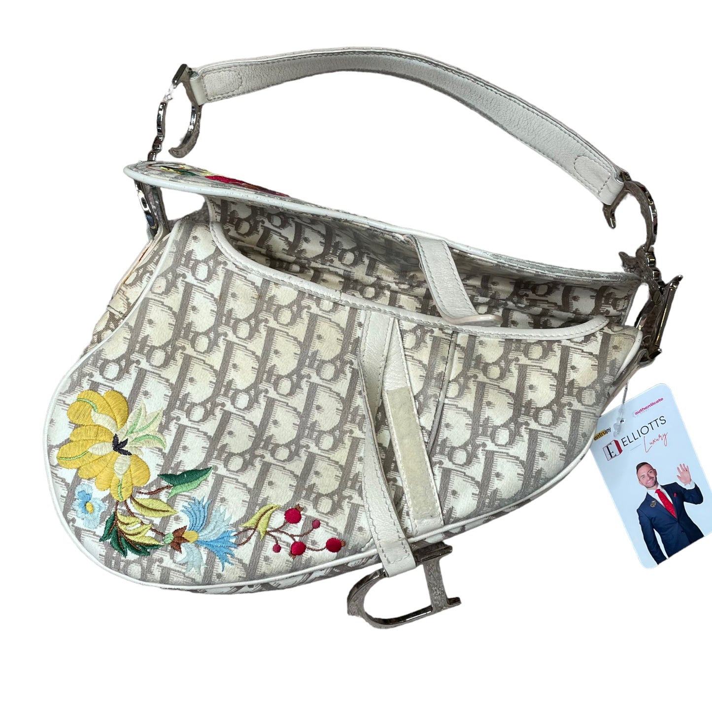 Christian Dior Saddle Oblique Bag Floral Embroidered Ivory Canvas Silver Hardware Purse