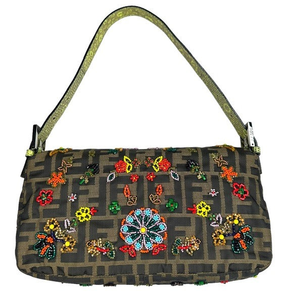 Fendi Zucca Baguette Lime Python Beaded Multi Floral Fendi Zucca Baguette Lime Python Beaded Multi Floral