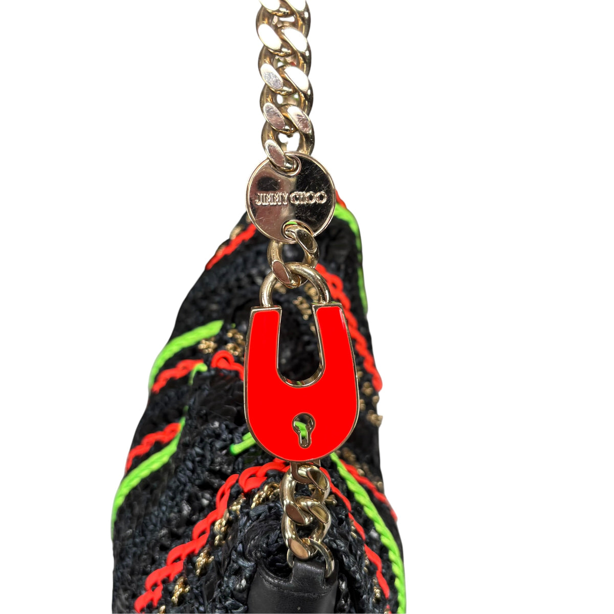 Jimmy Choo GHW Leather Rafia Neon Black Snake Chain Flap