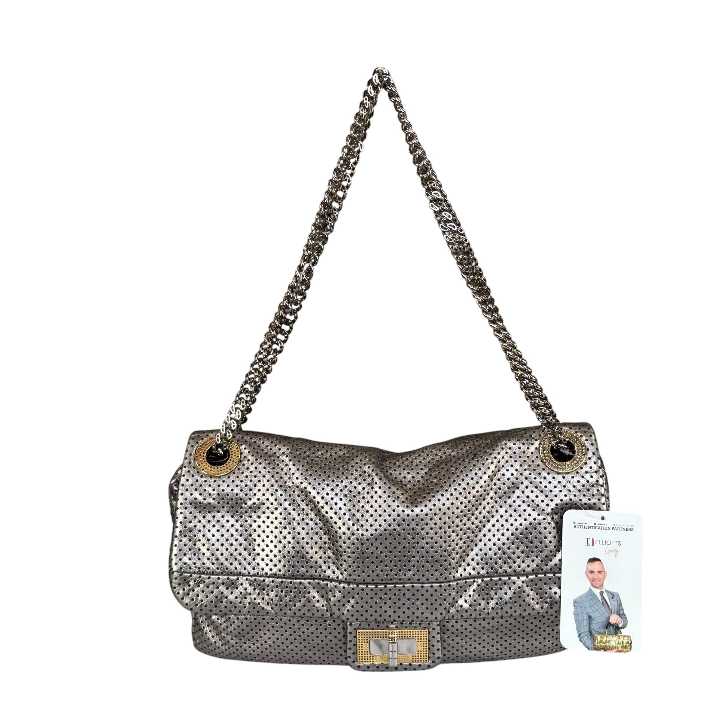Chanel 2.55 Drill Flap Pewter Metallic Lambskin Leather GHW Med
