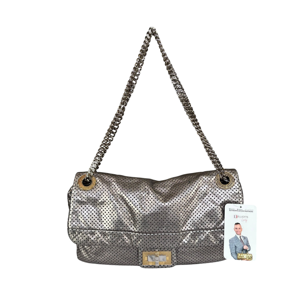 Chanel 2.55 Drill Flap Pewter Metallic Lambskin Leather GHW Med Shoulder Purse