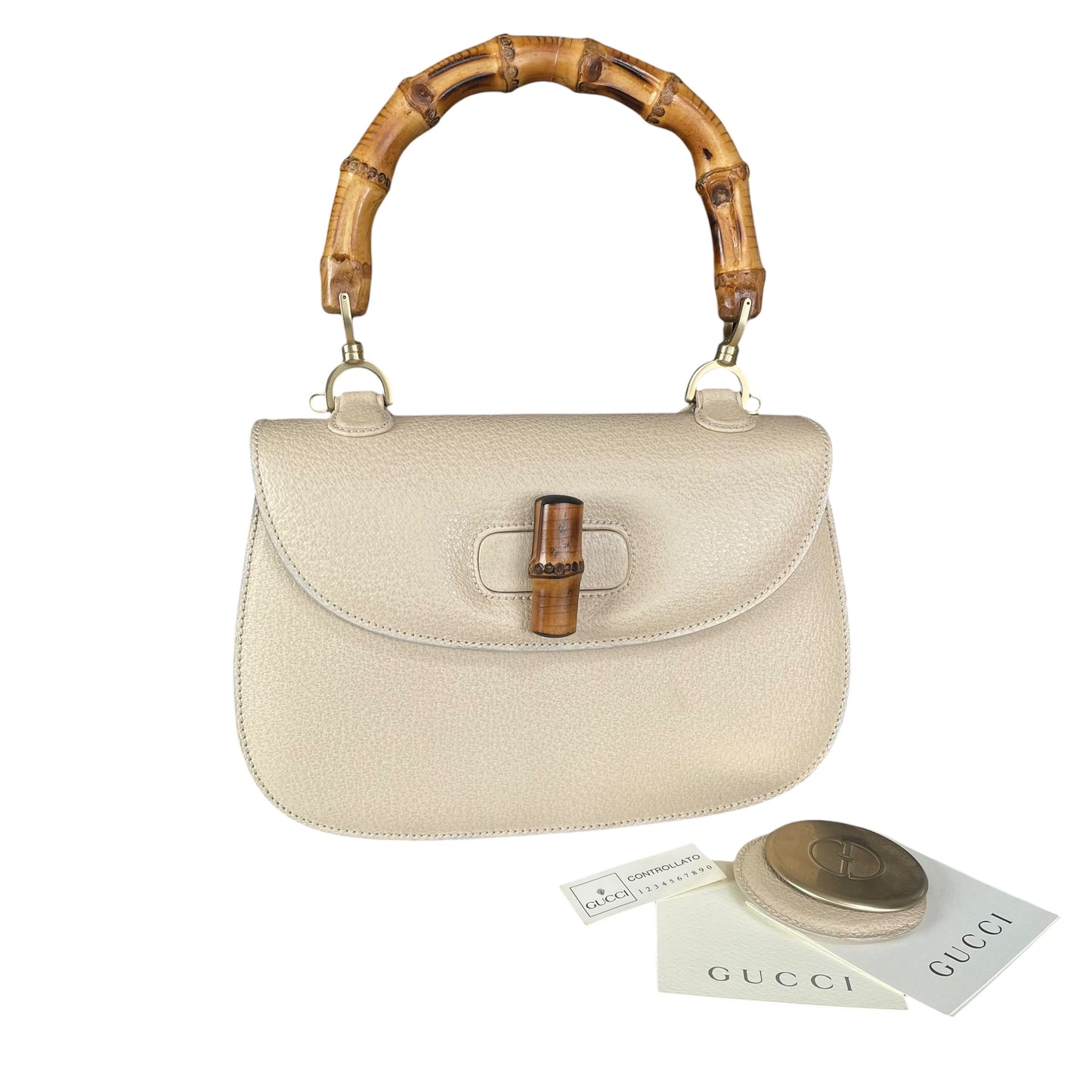 Gucci 1947 Bamboo Bone White Bamboo Turn-Lock Top Handle Flap Purse